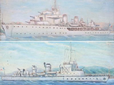 deux tableaux représentant un grand navire sur l'eau et un bateau plus petit sur l'eau