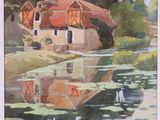 aquarelle représentant une maison au bord d'une rivière, avec un bateau sur l'eau