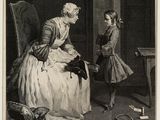 an old picture of a woman sitting in a chair talking to a little girl