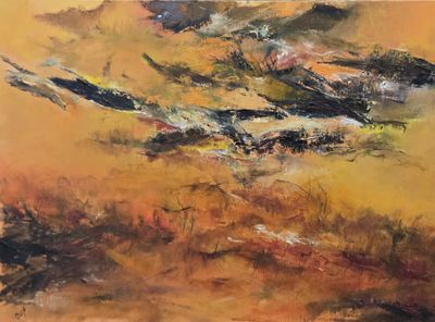 an abstract painting of a sky with clouds in the background