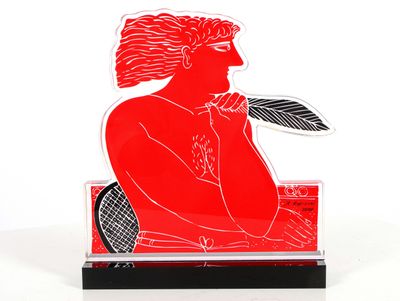 a red and black sculpture of a woman holding a tennis racquet