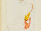 an old book with a drawing of a woman sitting on a chair
