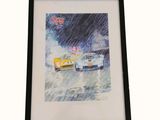 painting of two cars in the rain in a black frame