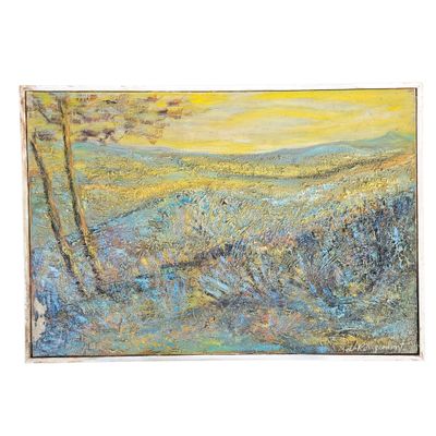 une peinture à l'huile représentant un champ avec des arbres au premier plan