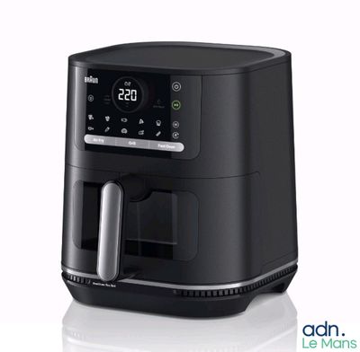 a black air fryer sitting on top of a white surface