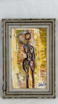 painting of a man with a hat on his head in a frame