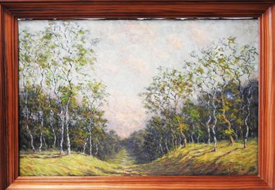 painting of a landscape with trees and grass in a wooden frame
