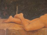 painting of a nude woman laying on a table with a candle in her hand