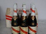 four bottles of champagne are lined up on a counter top