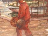 un tableau représentant un homme portant un panier de poissons