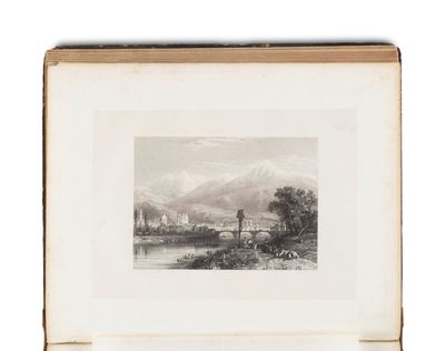 un dessin en noir et blanc représentant un paysage avec un château au loin
