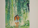 an image of a painting of a woman walking through a forest