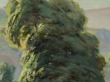 an oil painting of a field with a few trees and a hill in the background