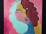 peinture représentant le visage d'une femme sur fond rose