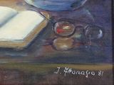 a painting of an open book and a bowl of fruit on a table