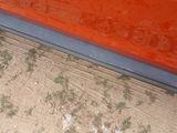 a close up of a car door with dirt on the ground