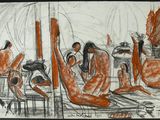 dessin représentant un groupe de nus assis sur un lit devant un miroir