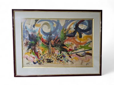 framed painting of a painting of a city with a clock on it
