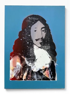 an image of a painting of a man with long hair on a blue background