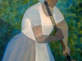 painting of a woman in a white dress with a shovel in her hand