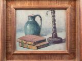 a painting of a vase and a book on a table