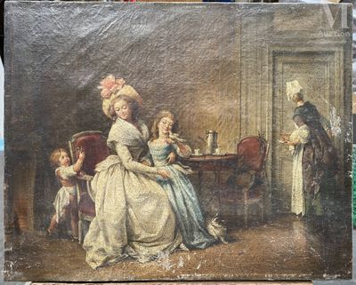 un tableau représentant une femme et deux enfants assis à une table