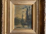 a painting of a river scene with a boat in the water