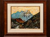 a painting of a mountain scene with a mountain in the background