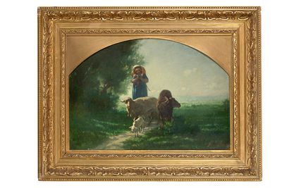 une image représentant un tableau où l'on voit une femme et deux moutons dans un champ