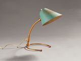 brass table lamp with a green shade on a white background