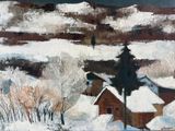 painting of a snowy landscape with a house and trees in the foreground
