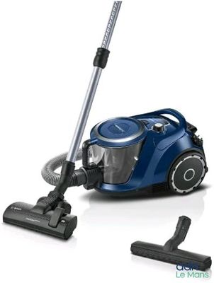 un gros plan d'un aspirateur bleu muni d'une poignée noire