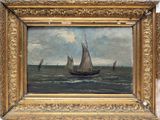 une peinture à l'huile représentant un voilier en pleine mer, avec d'autres bateaux en arrière-plan