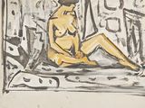 painting of a woman sitting on a bed with a hat on her head