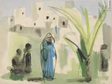 une peinture représentant une femme et un homme devant un bâtiment