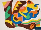peinture abstraite représentant un poisson entouré de formes colorées sur fond blanc