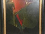 une peinture à l'huile représentant une fleur d'oiseau de paradis, dans un cadre doré