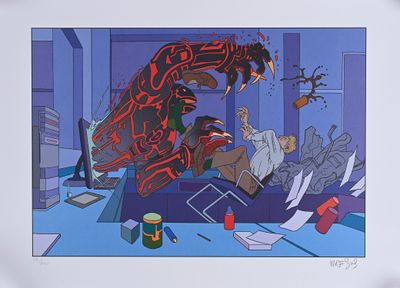 painting of a man and a woman in a living room with a large dinosaur