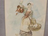 a painting of a woman holding a basket and an umbrella