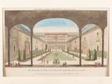 drawing of a courtyard of a palace with a fountain in the middle of it