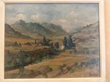 a painting of a landscape with mountains in the background