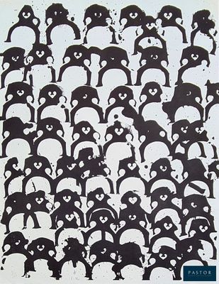 a black and white picture of a group of panda bears