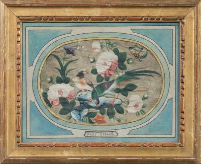 tableau représentant un oiseau et des fleurs, dans un cadre doré, sur fond bleu