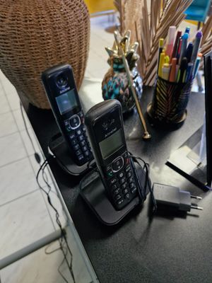 Deux combinés sur socles ALCATEL avec deux chargeurs. On y j…