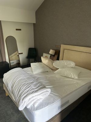 un grand lit avec des draps blancs et des oreillers dans une chambre