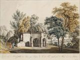 un vieux dessin représentant un bâtiment au milieu d'une forêt