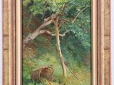 an oil painting of a bear in a wooded area by a tree