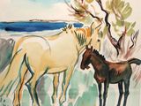 two horses that are standing in the grass by the water