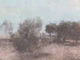 a painting of a field with trees in the background