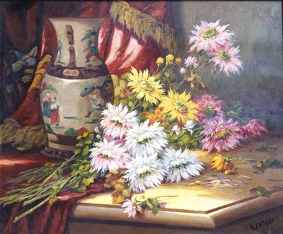 un tableau représentant un vase et des fleurs posés sur une table